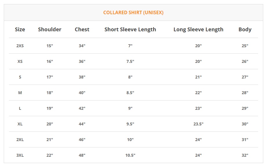 saiz standard baju t shirt