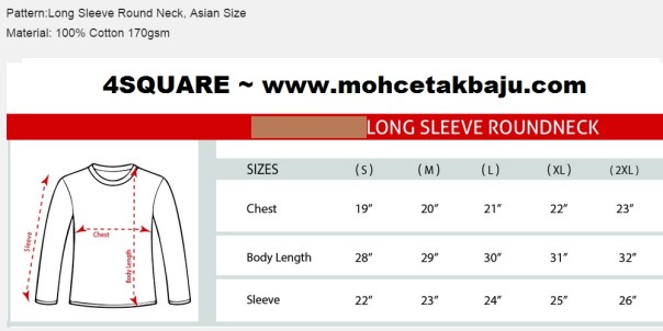 Saiz Baju Dewasa Lengan Panjang 4square