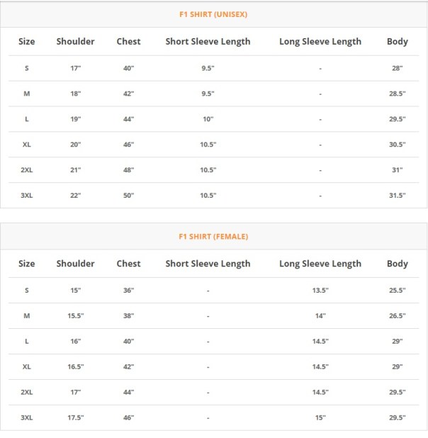 Saiz baju F1 SHIRT