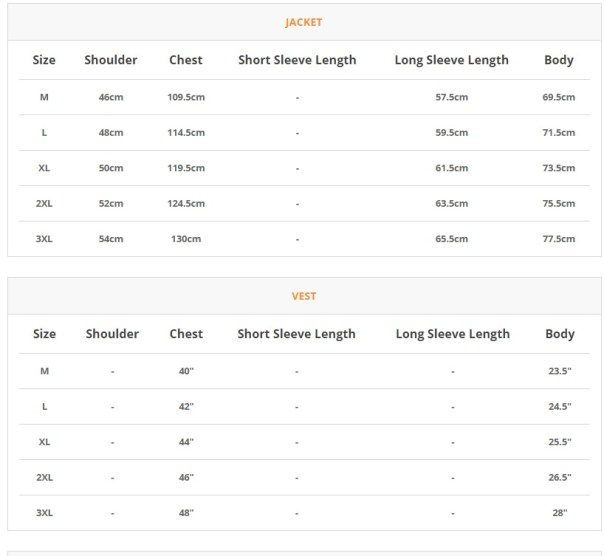 Saiz baju JACKET AND VEST