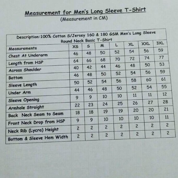 Ukuran Baju Men Long Sleeve TShirt