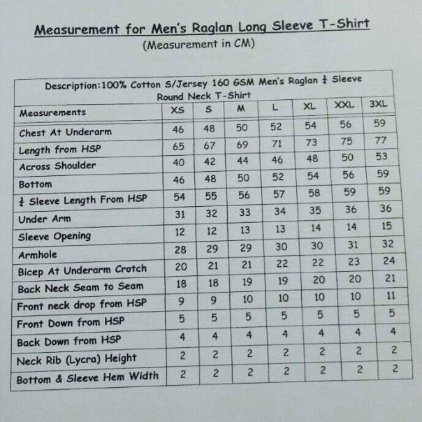 Ukuran Baju Raglan Lengan 3 Suku TShirt